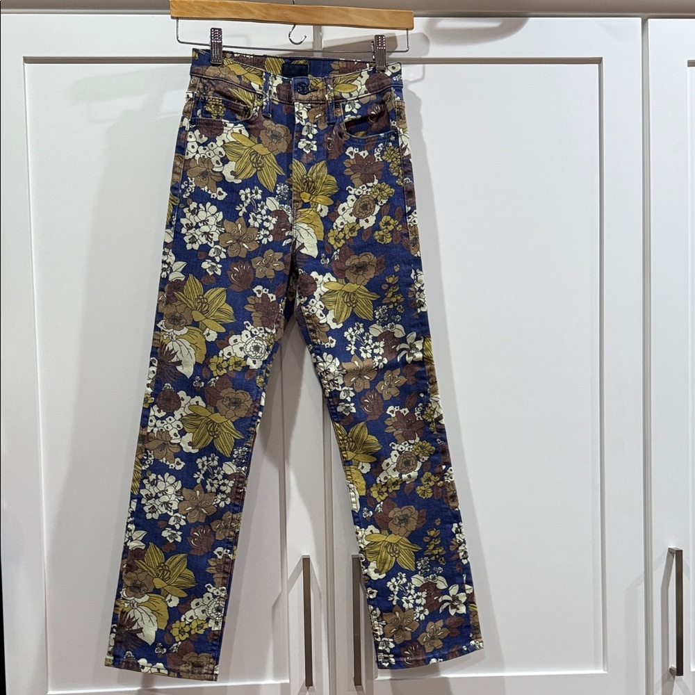 MOTHER Vibrant Blue and Yellow Patterned Jeans